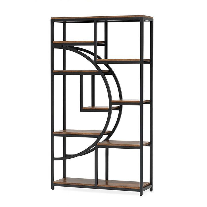Bookshelf with black metal frame and wooden shelves on a white background