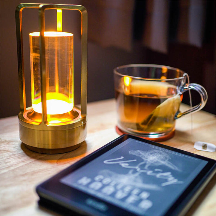 Warm light gold rechargeable Lamp with USB charging, stylish bedside or reading table light.