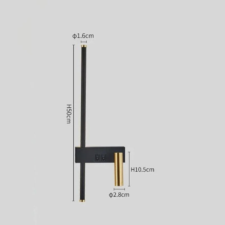 Measurement chart of a black and gold object with dimensions labeled on a gray background