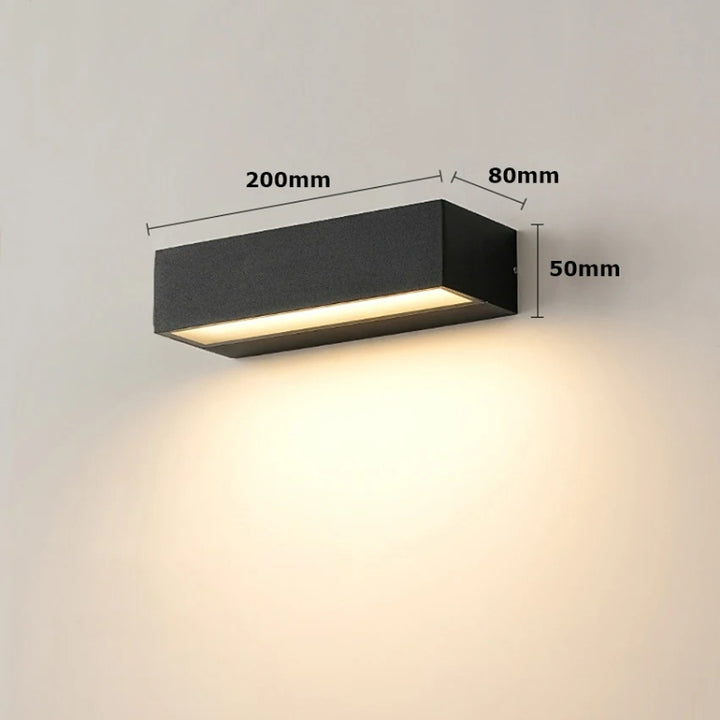 12W black aluminum outdoor wall light, 200mm, IP65 waterproof for modern garden lighting.