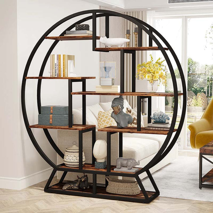 Round bookshelf with wooden shelves in a living room setting