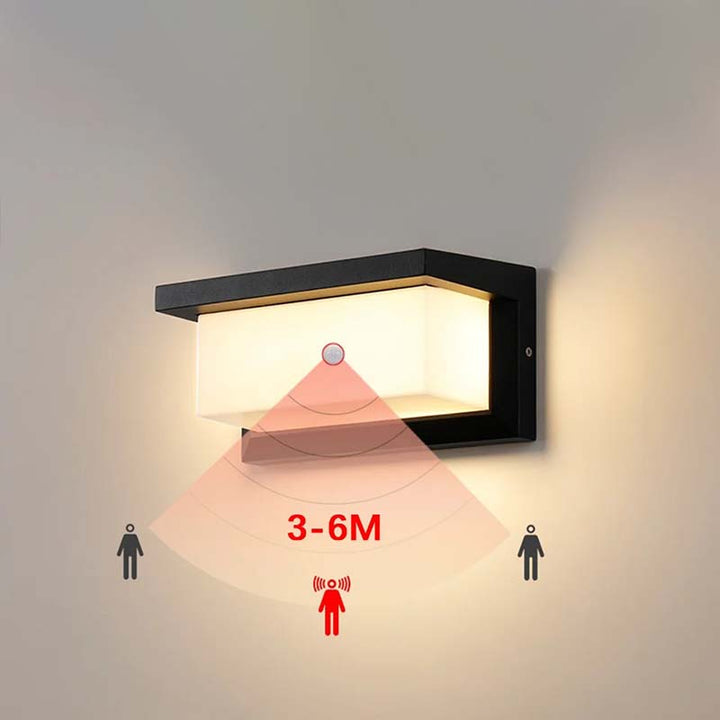 Wall-mounted light fixture with sensor range indicator on a gray background