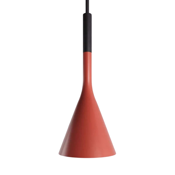 Red pendant light with black fixture on a white background