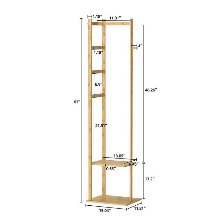 Freestanding bamboo coat hanger unit with a slim profile, designed for small spaces and minimalist homes
