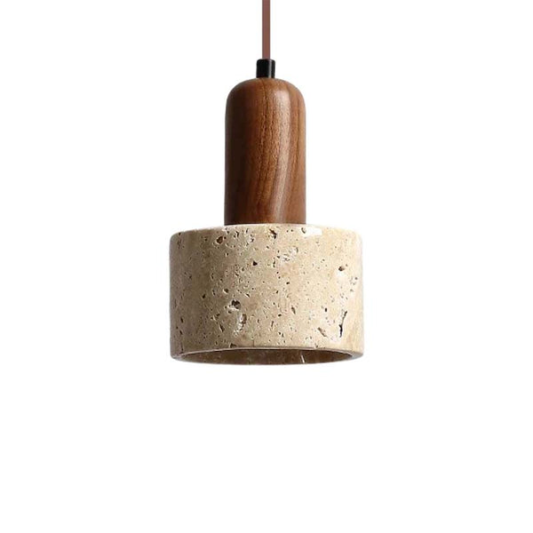 Pendant light with wooden top and concrete base on a white background