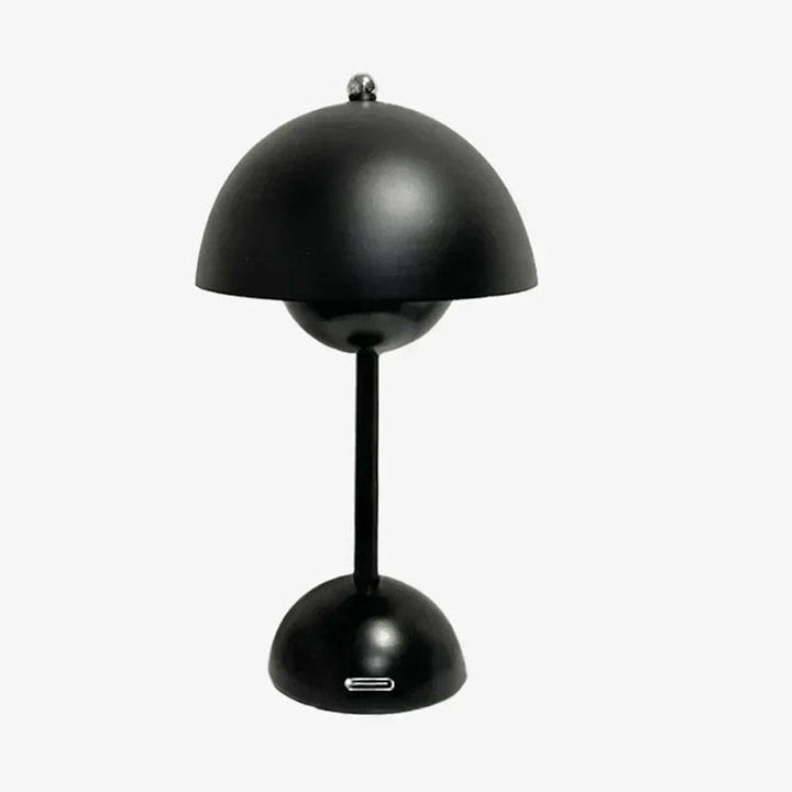 Black cordless rechargeable dome table lamp with USB port, modern minimalist design, shown on a white background.