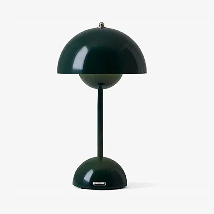 Dark green cordless rechargeable dome table lamp with USB port, modern minimalist design, shown on a white background.