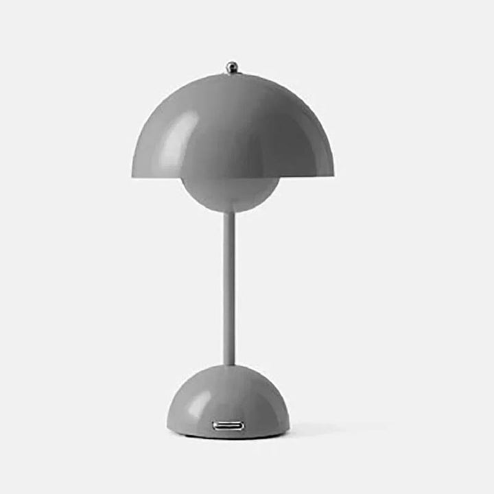 Grey cordless rechargeable dome table lamp with USB port, modern minimalist design, shown on a white background.