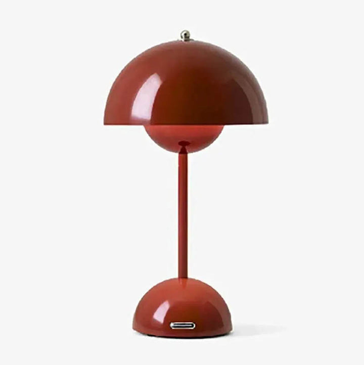 Red cordless rechargeable dome table lamp with USB port, modern minimalist design, shown on a white background.
