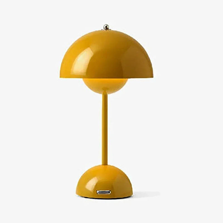 Yellow rechargeable dome table lamp with USB port, modern minimalist design, shown on a white background.