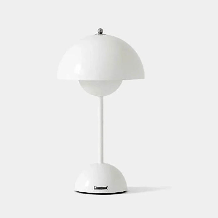 White cordless rechargeable dome table lamp with USB port, modern minimalist design, shown on a white background.