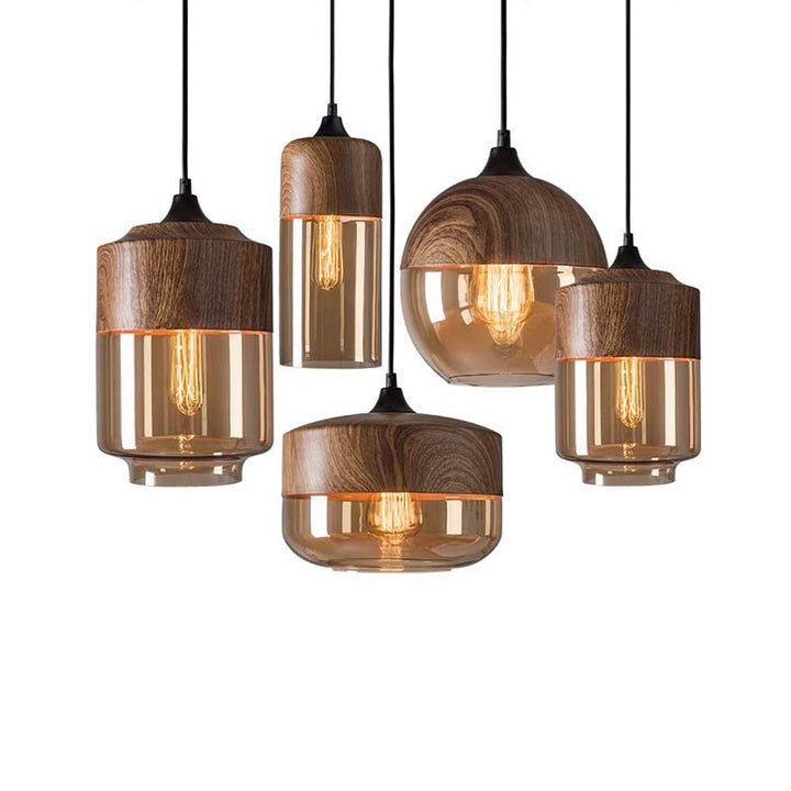 Set of nordic pendant lights with glass shades on a white background