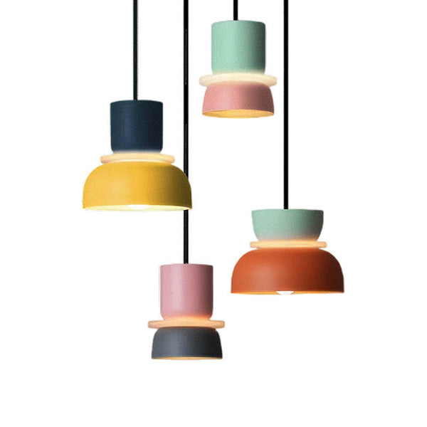 Set of four colourful Scandinavian pendant lights in yellow, pink, mint, and navy with smart LED tech and app control.