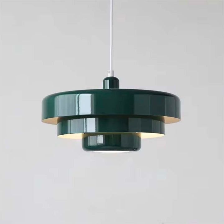 Modern Nordic pendant in forest green aluminium with soft LED glow, perfect for UK kitchen island or breakfast nook.