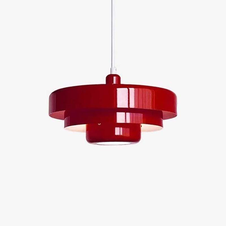 Red SKIVE pendant light with layered metal shade, Scandinavian retro style, perfect for dining or UK kitchen lighting