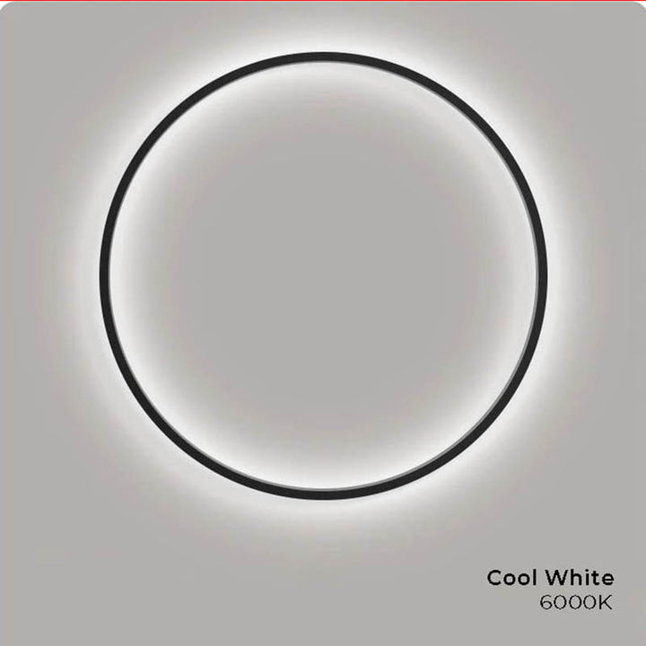 Cool white KRETS ring LED wall lamp with slim black frame, ideal for sleek Nordic UK interiors