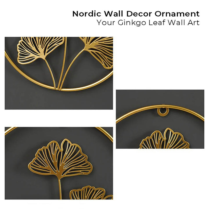 Close-up of  gold Ginkgo leaf wall decor, showcasing intricate design and high-quality metal craftsmanship