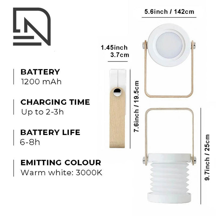 LYKT lantern dimensions and specs: 5.6in height, 1200mAh battery, USB-C charging, 3000K warm white colour temperature.