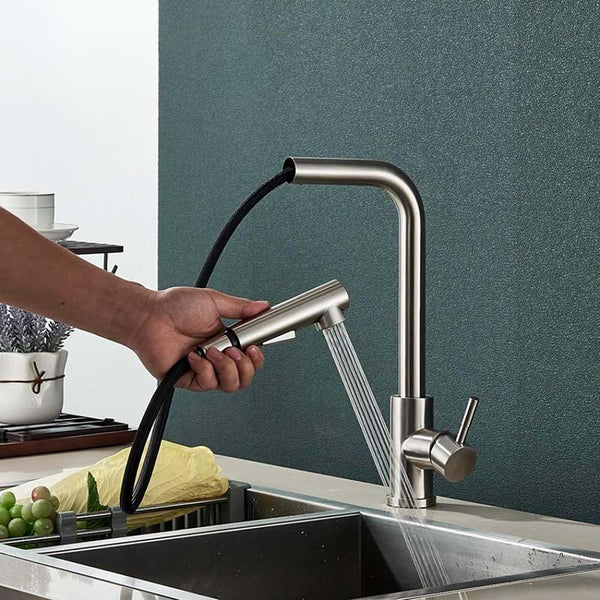 Person using a kitchen faucet with a handheld sprayer in a modern kitchen.