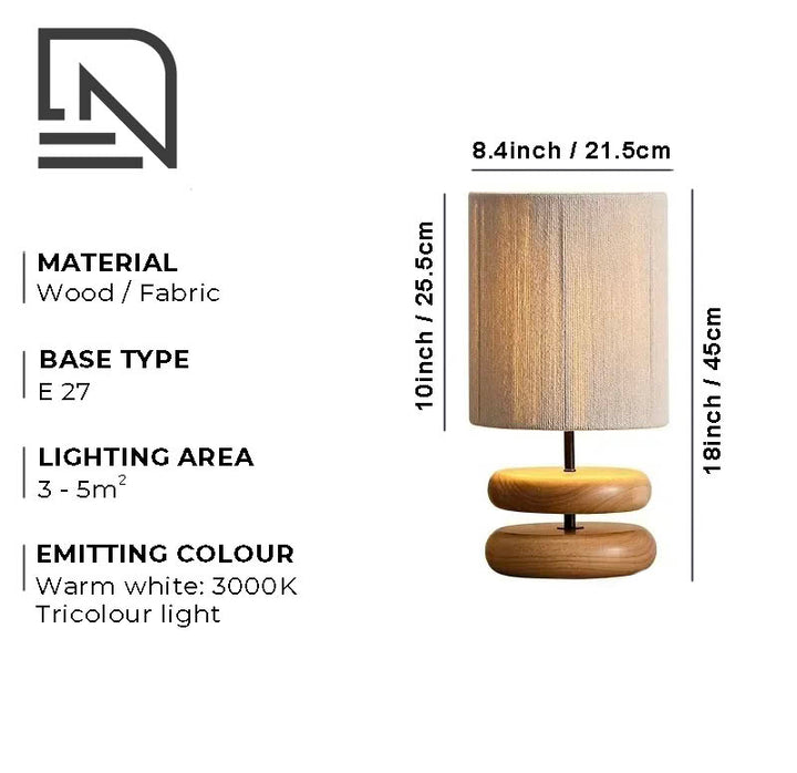 Ring boho table lamp with a Japandi-inspired natural wood base and fabric shade, perfect for cozy bedroom or living room lighting.