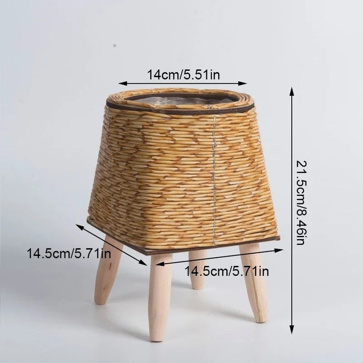 Trapezoid rattan plant pots with wooden tripod stands, natural and dark brown, Scandinavian decor