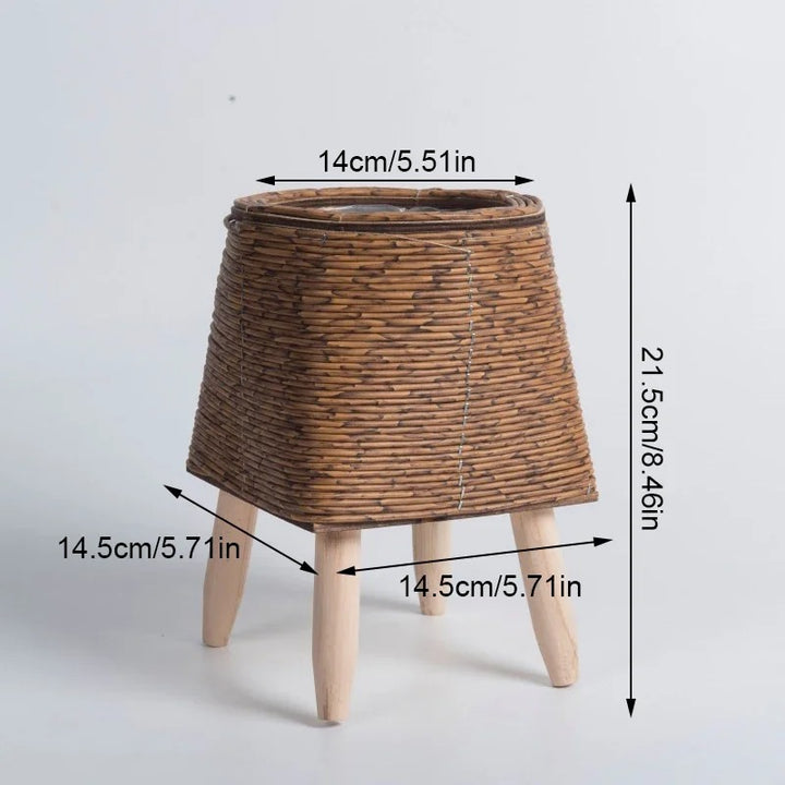 Trapezoid rattan plant pots with wooden tripod stands, natural and dark brown, Scandinavian decor uk
