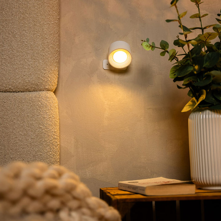 Wall-mounted light fixture on a textured wall with a plant and books in the foreground.