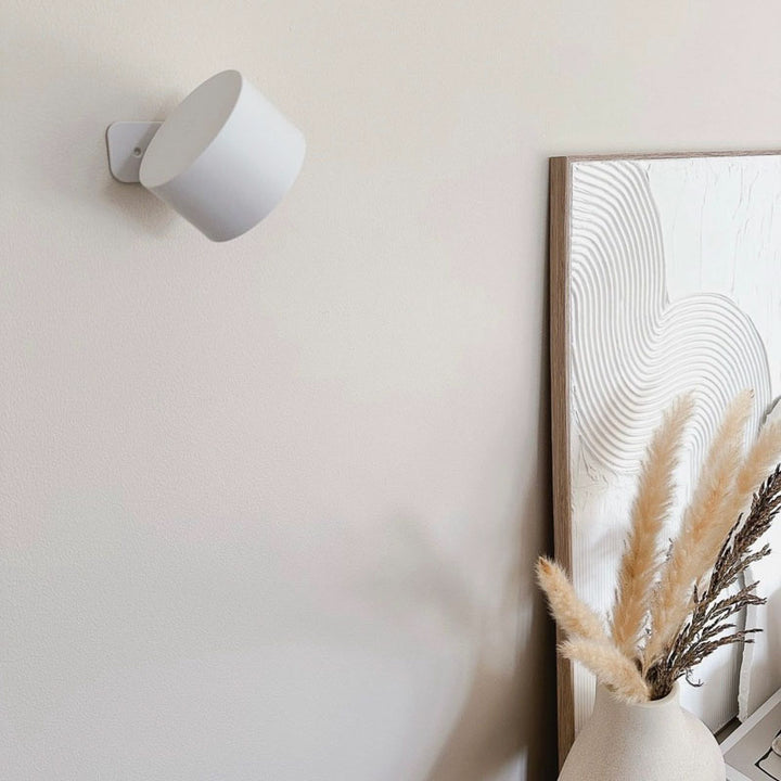White wall lamp and framed artwork with dried plants on a light pink wall