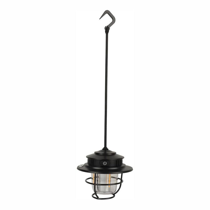Retro black LED lantern with silicone hook, ideal for hanging in gardens, tents or on backpack gear loops