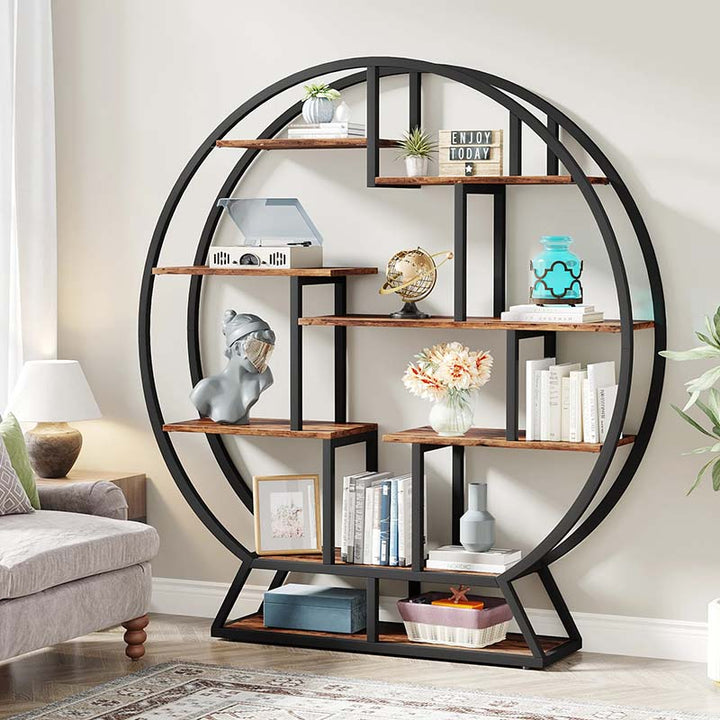Round bookshelf with wooden shelves in a living room setting