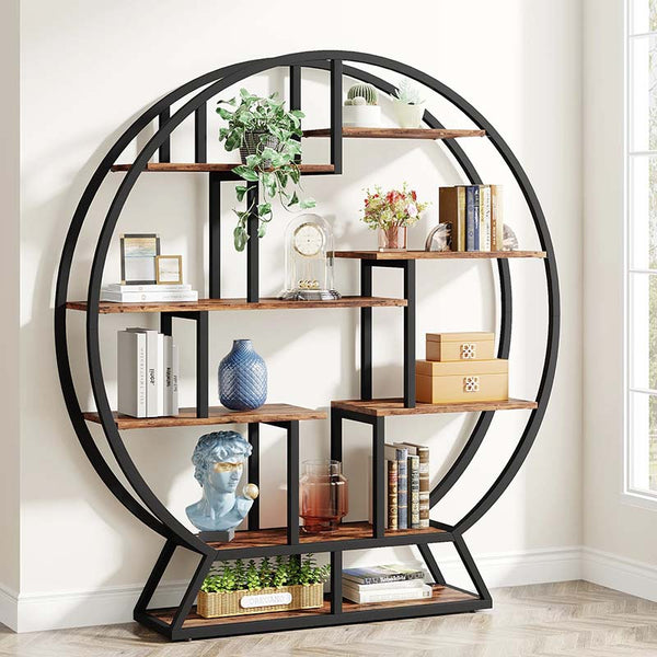 Round Industrial Bookshelf – Modern Wood & Metal 14-Shelf Display