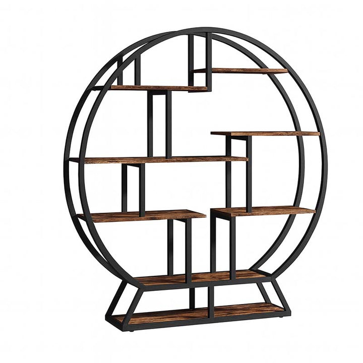 Round bookshelf with wooden shelves and black metal frame on a white background