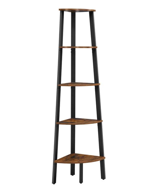 Scandinavian ladder corner shelf unit with five rustic wood tiers, empty display against white background