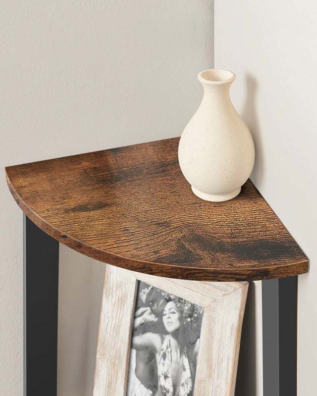 Rustic brown corner shelf tier with decorative ceramic vase and framed photo for modern interiors