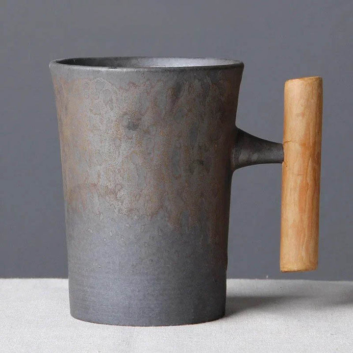 Handmade vintage ceramic coffee mug with wooden handle, 300ml, rustic matte black finish, Nordic Essentials Store