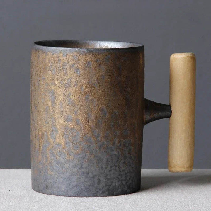 Handmade vintage ceramic coffee mug with wooden handle, 300ml, rustic matte black finish, Nordic Essentials 