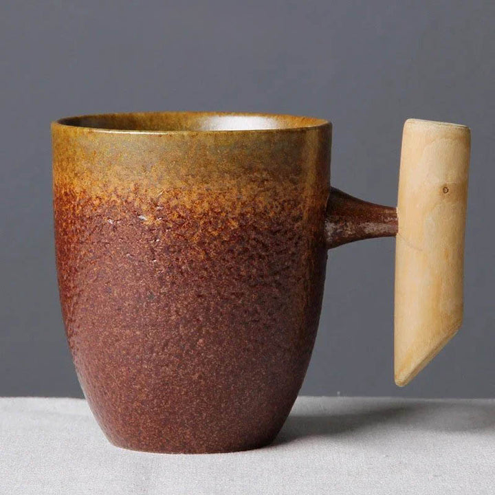 Tall ceramic mug with wooden handle in earthy brown tones, 300ml, Nordic-style design by Nordic Essentials
