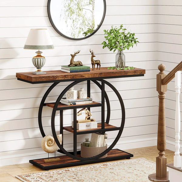 Console table with decorative items against a white wall