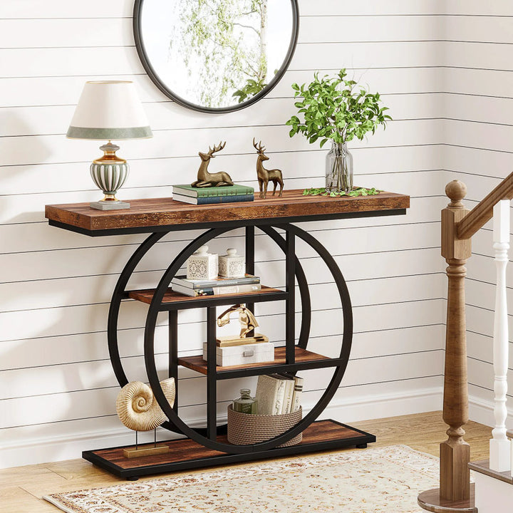 Console table with decorative items against a white wall
