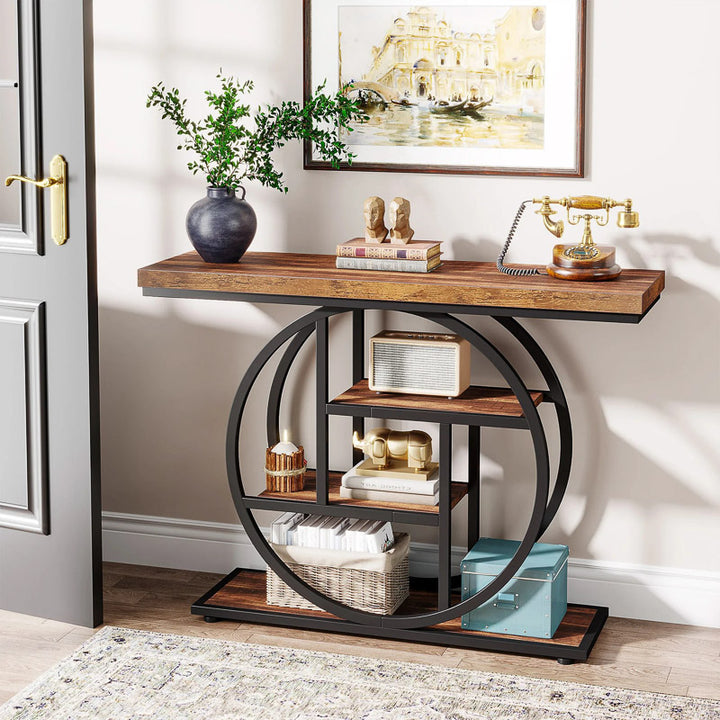 Console table with decorative items in a home setting