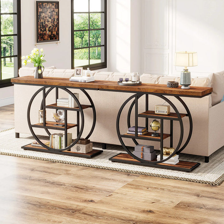 Console table with decorative items in a living room setting