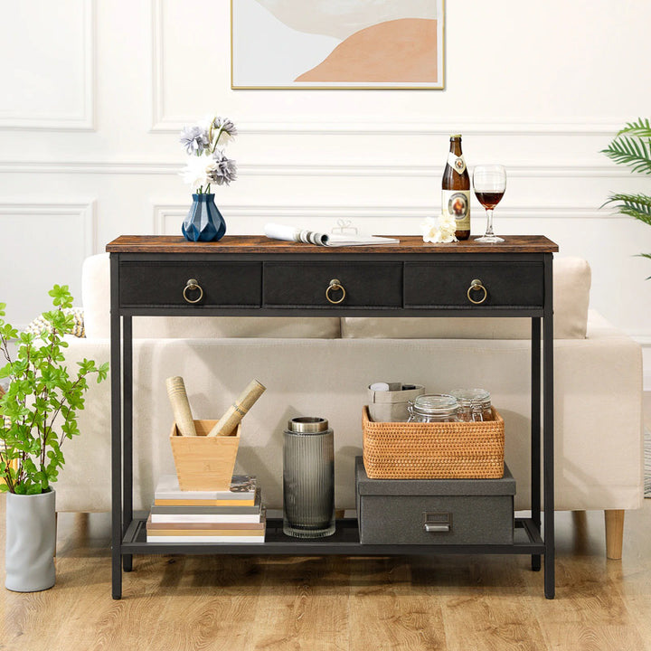 Console table with decorative items in a living room setting