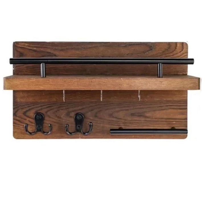Compact wooden key shelf with black rail and double hooks, perfect for storing sunglasses, bags, and keys in the hallway.