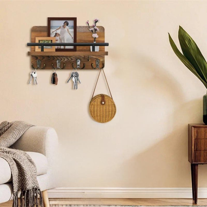Wooden key holder with shelf and vintage hooks, perfect for hanging coats, bags, keys, and storing accessories in the entryway.