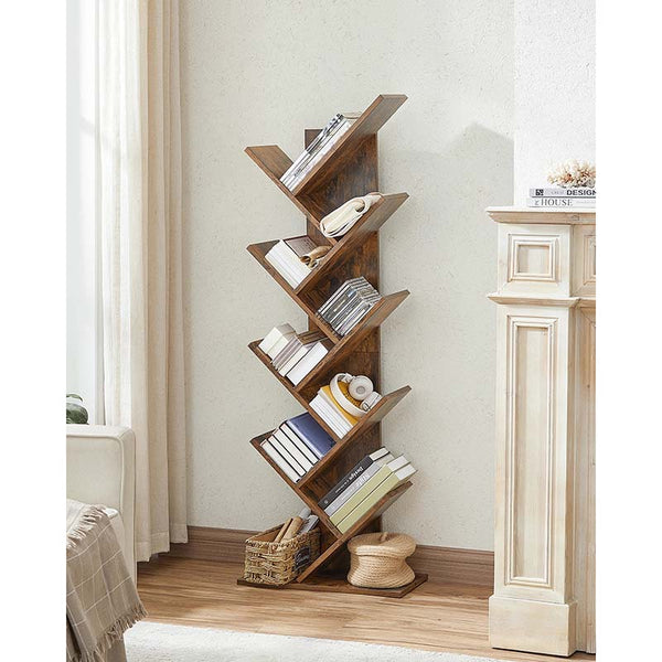 Wooden bookshelf with books in a room with a fireplace and window.