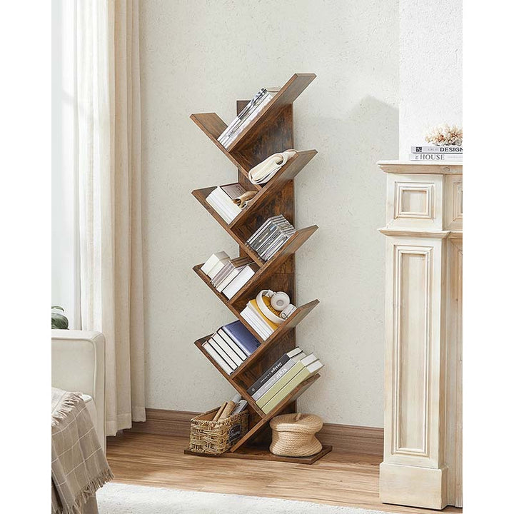 Wooden bookshelf with books in a room with a fireplace and window.