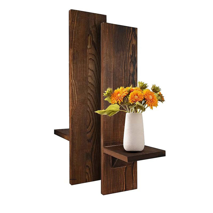 Wooden wall shelf with a vase of flowers on a white background
