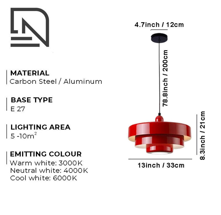 Red SKIVE pendant light with layered metal shade, Scandinavian retro style, perfect for dining or kitchen lighting