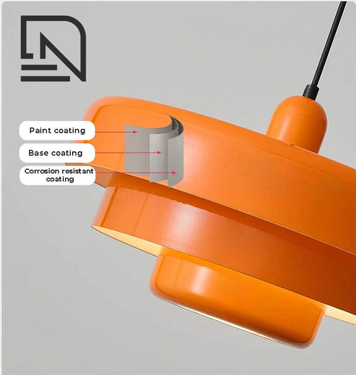 Orange SKIVE Nordic pendant lamp with tiered metal shade, warm light for reading nooks, living rooms, or cosy interiors