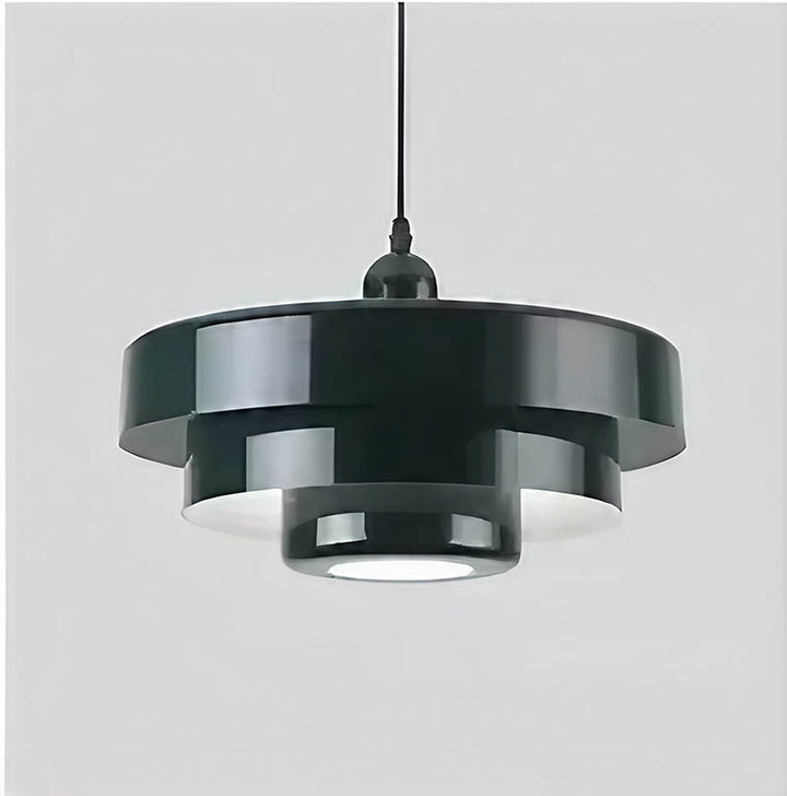 Black SKIVE pendant light with layered metal shade, Scandinavian retro style, perfect for dining or kitchen lighting